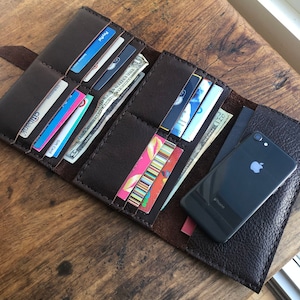 Organizador de billetera de cuero de bisonte / Cartera grande de cuero marrón suave / Carteras de cuero hechas a mano en EE. UU. / Carteras cosidas a mano