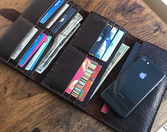 Bison Leather Wallet Organizer / Large Soft Brown Leather Wallet / Handmade Leather Wallets USA / Hand stitched Wallets