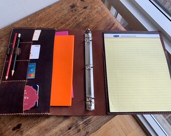 Pocket Binder / Leather Notebook Binder Organizer / 3 Ring Notebook iPad Pocket Binder / Antique Tan Bridle Leather / Made by Hand
