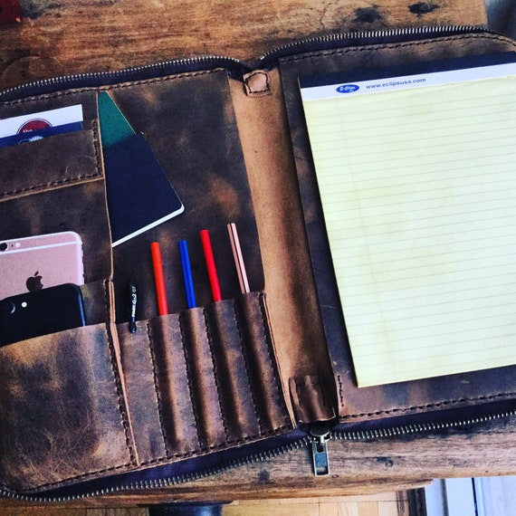 Zippered leather portfolio, Leather document carrier, Leather portfolio folder, Business organizer, Legal notepad holder, Notebook folder