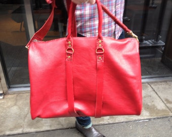 Red Leather Travel Bag Ladies Duffle 