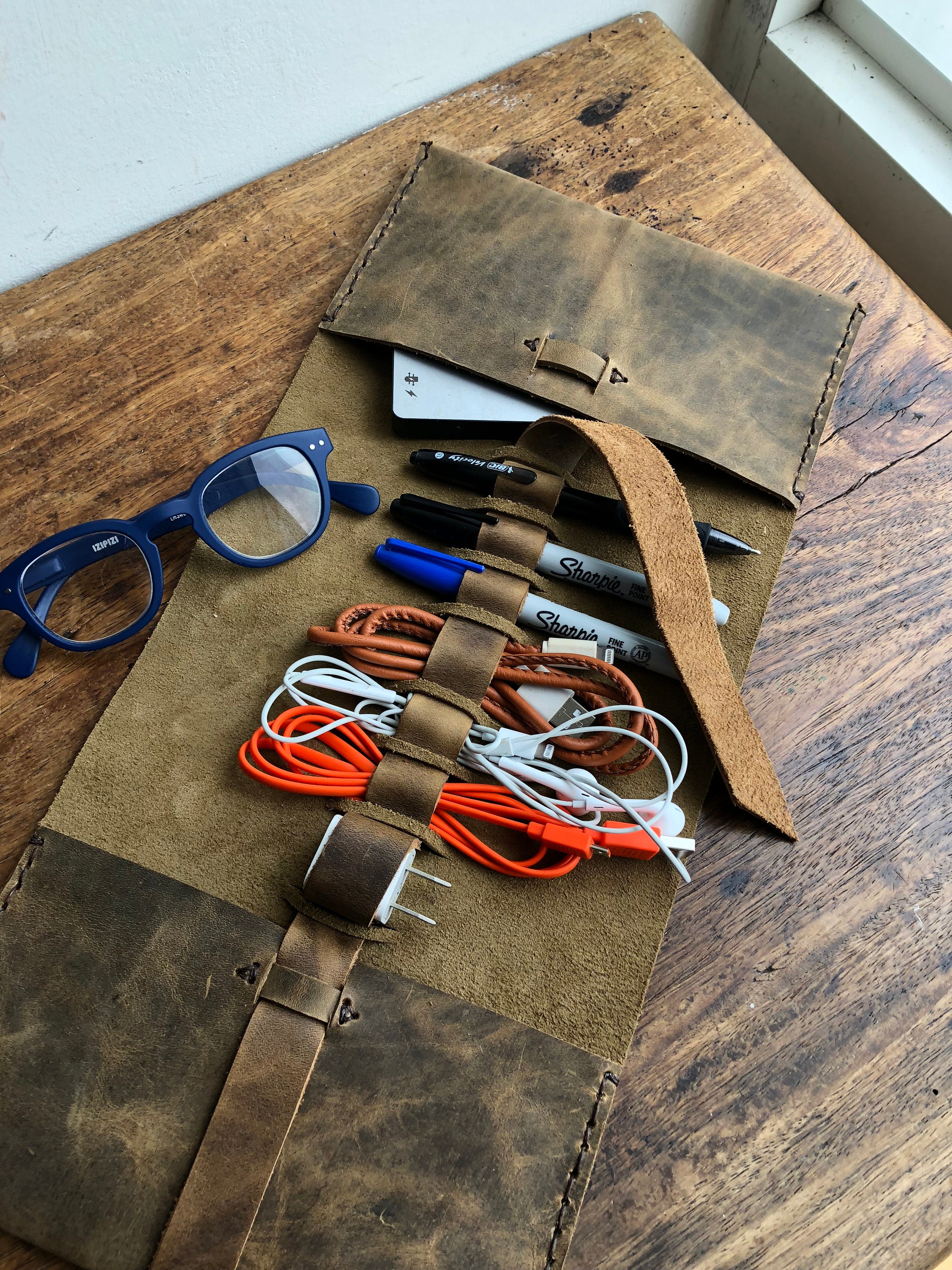 Travel cord case Universal cable organizer leather Travel Etsy