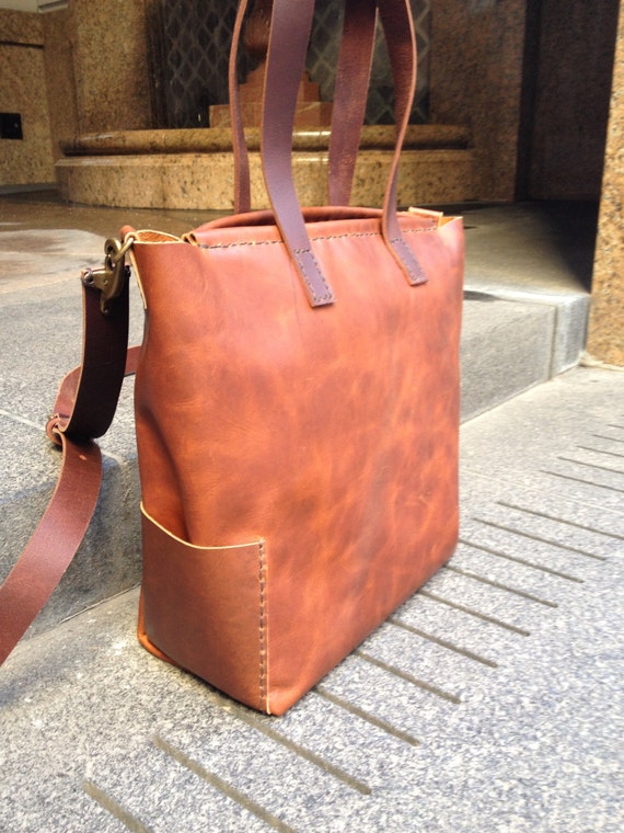 Zipper Tote / Custom tote bag with handles / Cognac Leather bag crossbody / Handmade leather tote / Custom totes