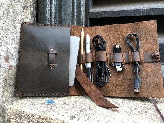 Cord organizer, Travel charger roll, Charging cord case, Leather tech carry case, Travel cable holder, Adjustable loops