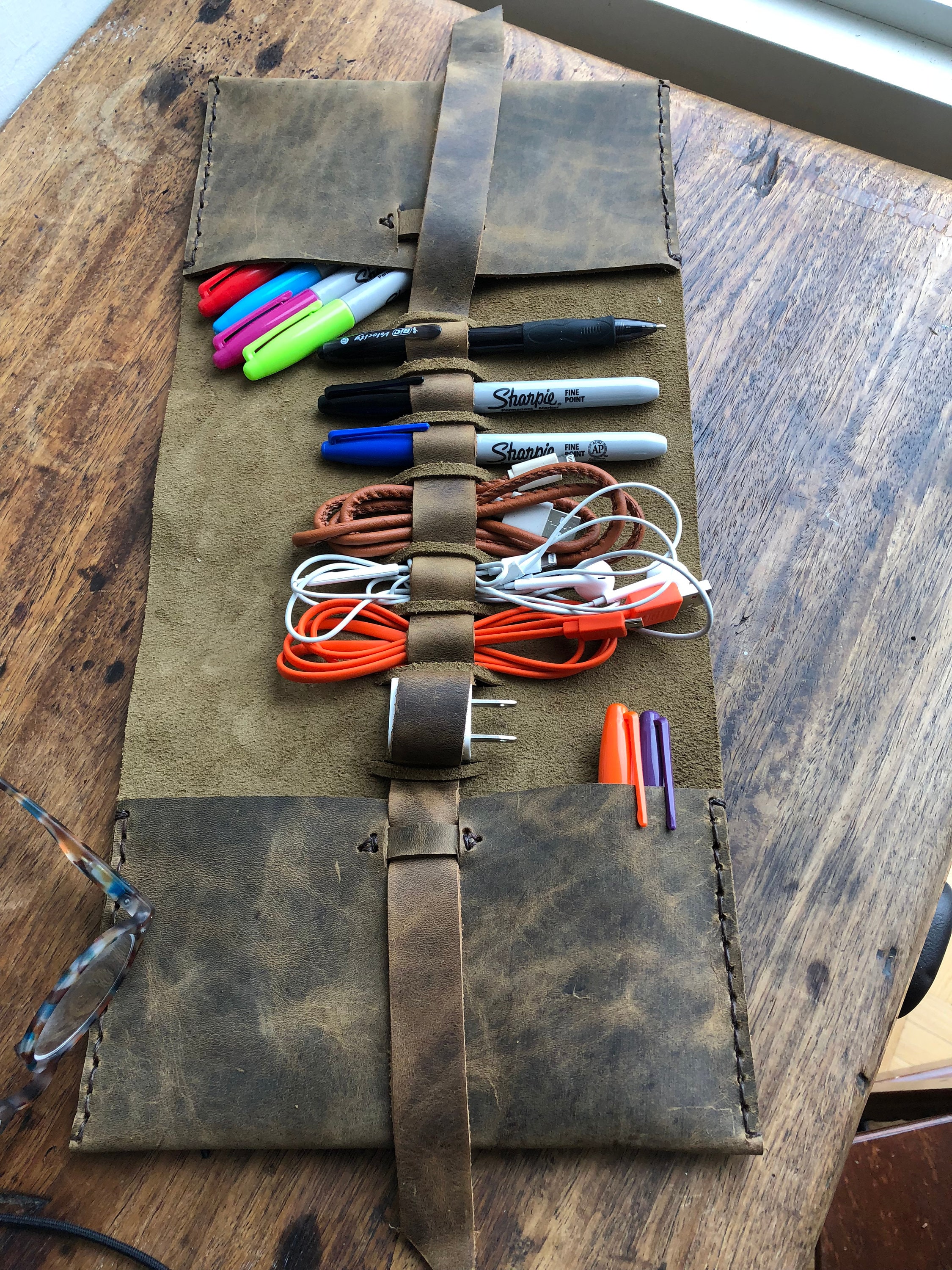 leather travel cable organizer