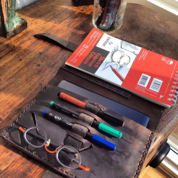 iPad Mini Folio, Leather Sketchbook, Portfolio Organizer Padfolio, Sketchpad Book Cover, Pencil Case, Pencil Holder