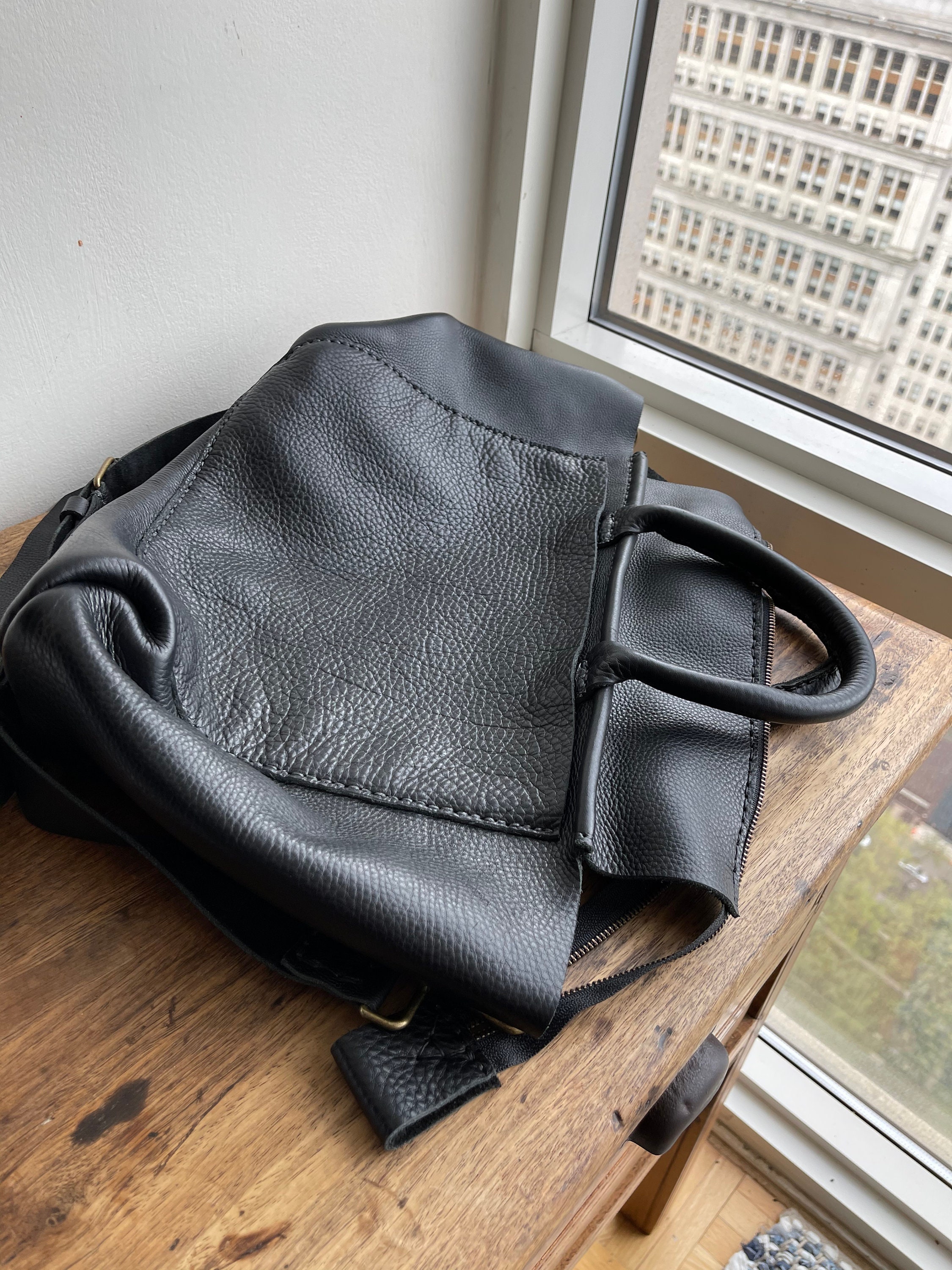 Black zipper handbag, Soft large tote purse, Large black leather tote ...