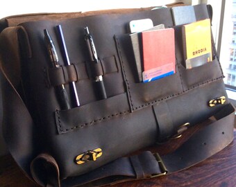 Large computer bag, 17 laptop satchel, Leather work bag, Computer bags for 17 inch laptop, Custom made in New York