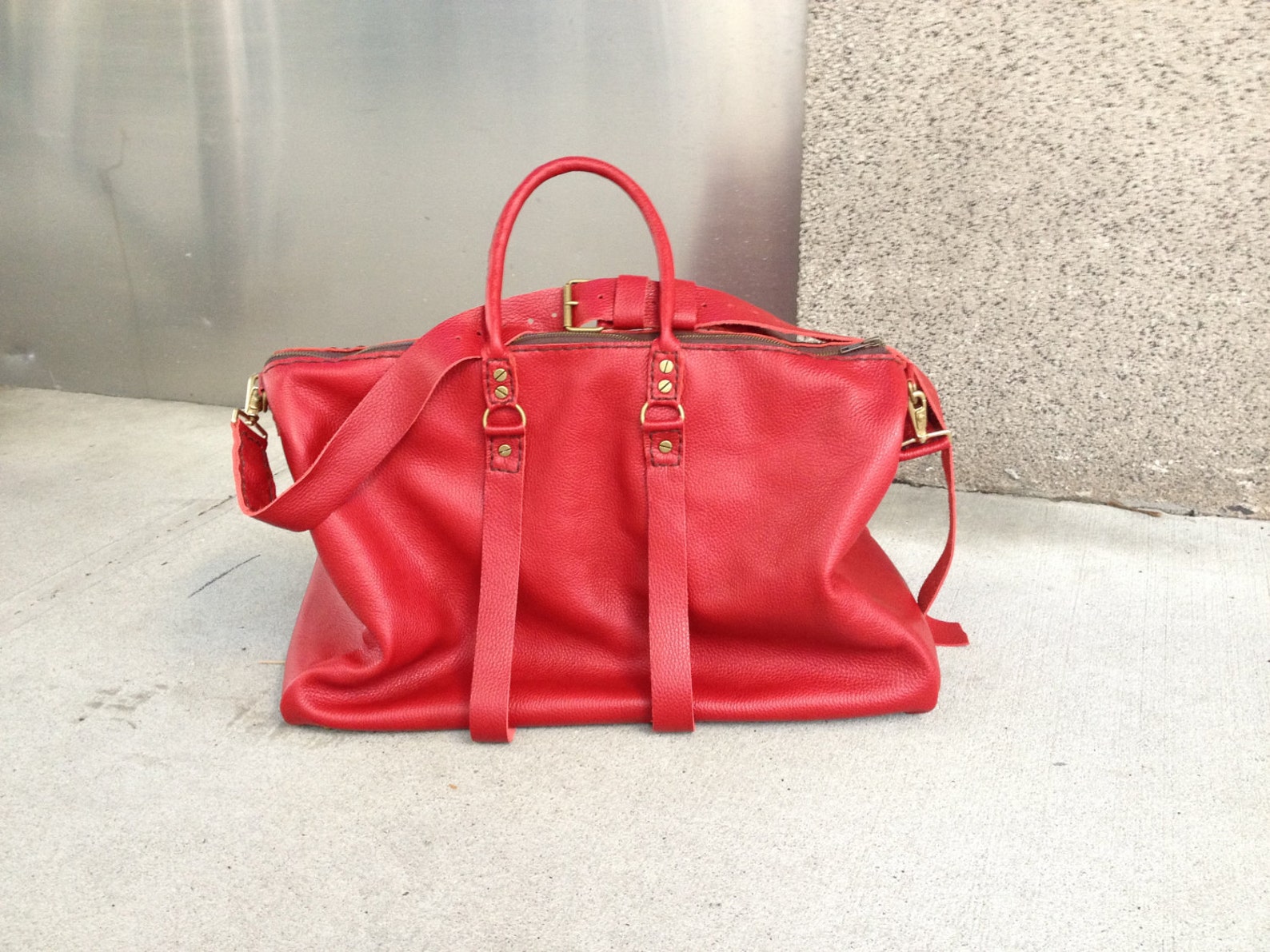 Red leather travel bag Ladies duffle Leather weekend bag Etsy