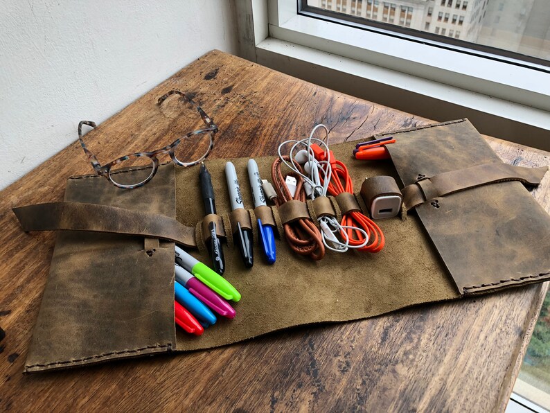Travel cord case Universal cable organizer leather Travel Etsy