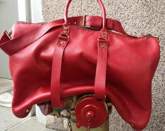 Red leather travel bag, Ladies duffle, Leather weekend bag, Custom luggage, Leather duffle bag, Red leather luggage, Travel duffle, NY made