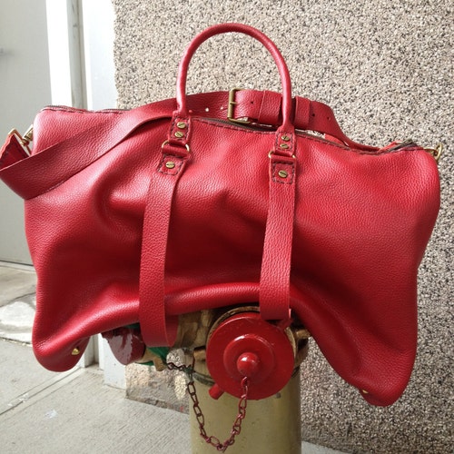Red Leather Travel Bag Ladies Duffle Leather Weekend Bag Etsy