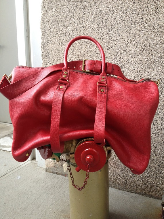 Red Leather Travel Bag Ladies Duffle Leather Weekend Bag 