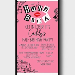 Invitación de cumpleaños de Chicas Pesadas / Plantilla editable de Canva para Burn Book / Invitación digital para fiesta rosa