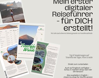 Może przedstawiać: Kolekcja przewodników turystycznych z tekstem "Mein erster digitaler Reiseführer - für DICH erstellt!" w języku niemieckim. Przewodniki zawierają zdjęcia krajobrazów i tekst "Teneriffe Wande".