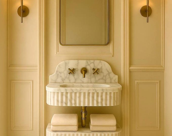 Featured listing image: Handmade Fluted Wall-Mounted Marble Sink – Carrara or Gray white– Custom Vanity Basin with Backplate