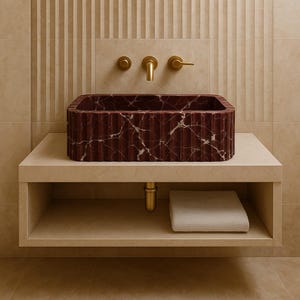 Luxury Rosso Levanto Marble Fluted Sink – Handcrafted Statement Piece for Elegant Bathrooms