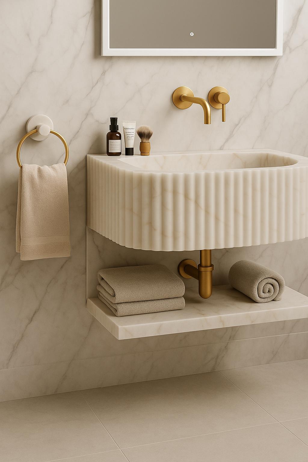 Lavandino in marmo scanalato color crema – Mobiletto a parete – Piccolo lavabo in pietra naturale – Design moderno per il bagno – Interior designer – Bagno di lusso – Marmo