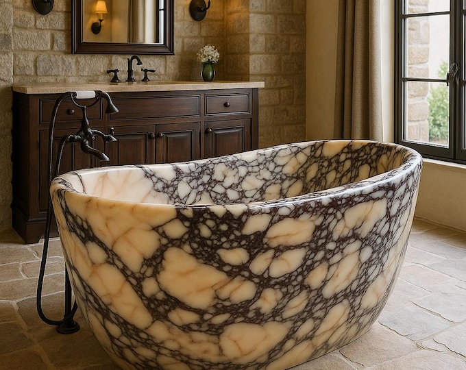 Featured listing image: Handcrafted Calacatta Viola Marble Bathtub – Freestanding Stone Tub – Custom Luxury Bathroom Design