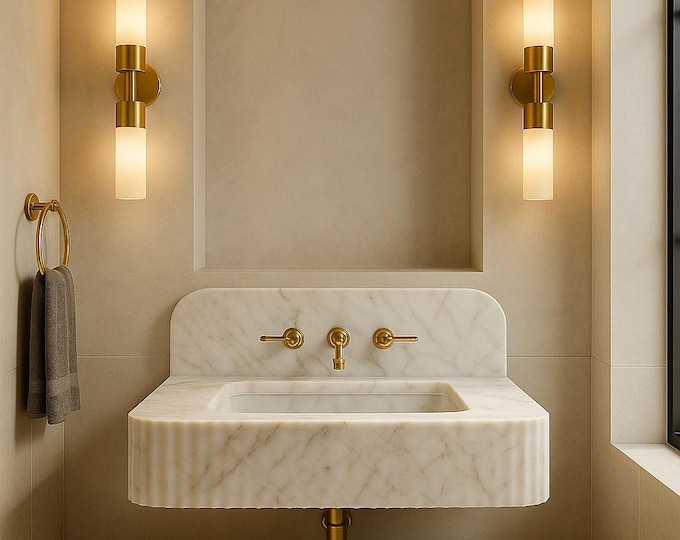 Featured listing image: Handmade Fluted Wall-Mounted Marble Sink – Bianco Dolomiti or Carrara – Custom Vanity Basin with Backplate