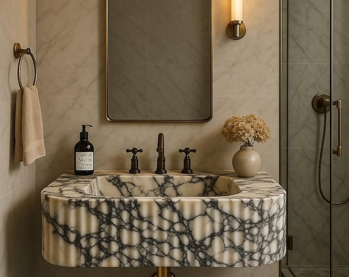 Featured listing image: Handcrafted Calacatta Viola Marble Sink: Fluted Wall-Mounted Basin