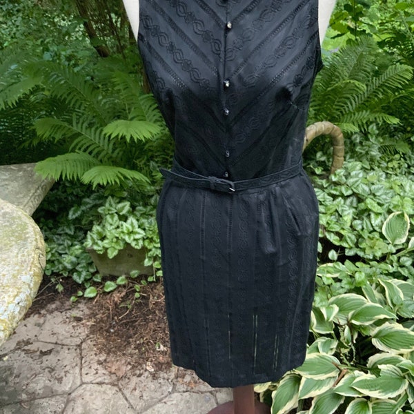 Black cotton dress from the 60s with embroidery, lace and rhinestone buttons