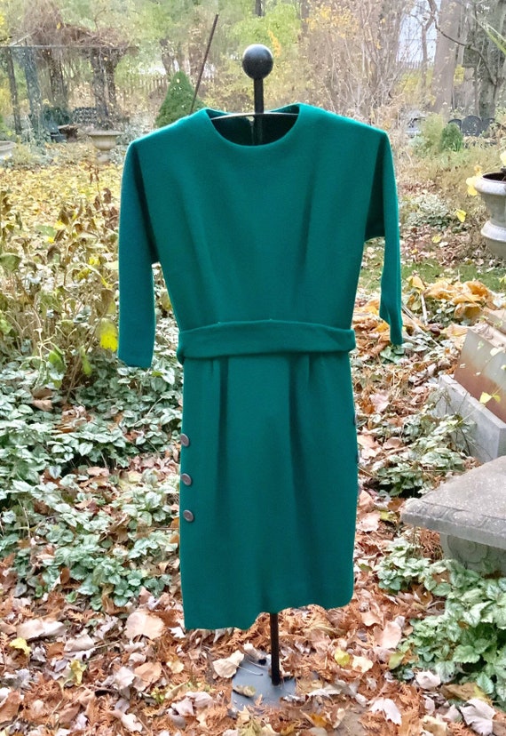 Forest green raglan-sleeve wool dress from the 60… - image 1