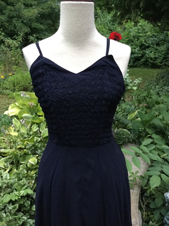 1950s dark navy dress in sleek silk with smoking … - image 2