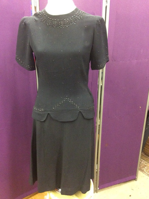 1940's Black Beaded Two Piece Crepe Party Dress