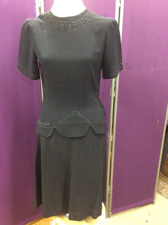 1940's Black Beaded  Two Piece Crepe Party Dress