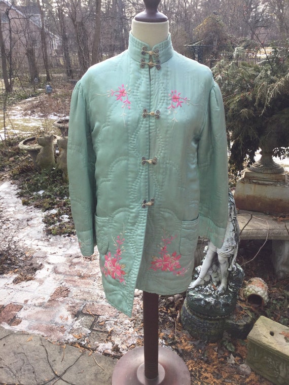 Luscious aqua silk jacket with Chinese embroidery