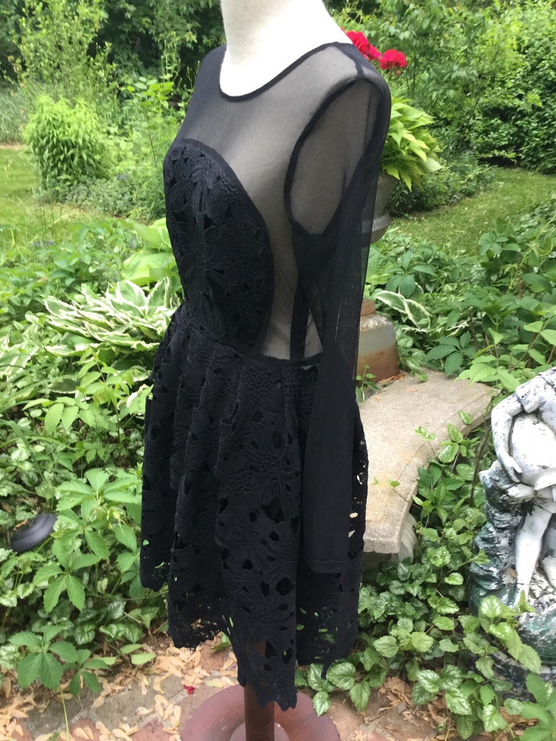 Little black dress with Battenberg lace and a touch of scandal