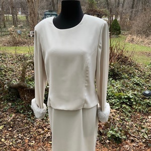 Petite ecru dress has FUR CUFFS!