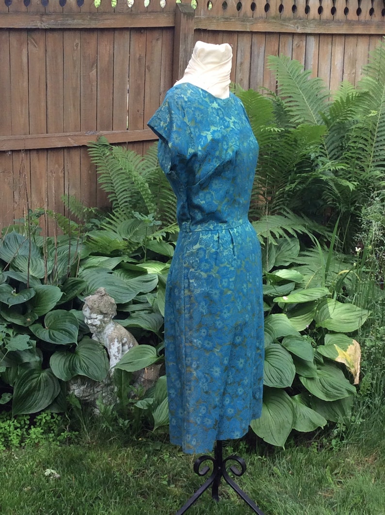 1950s turquoise and aqua floral brocade