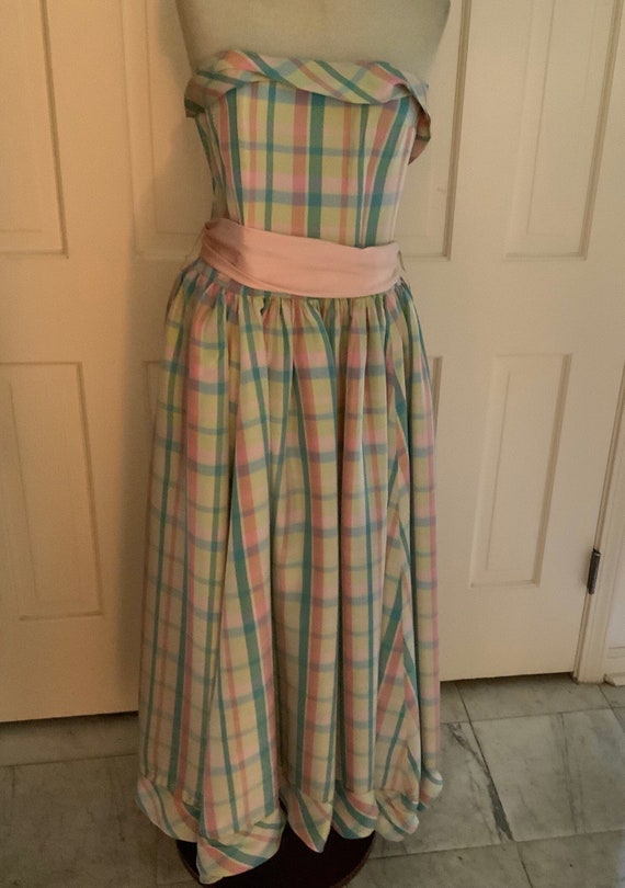 1950s pastel plaid taffeta formal gown is a breath