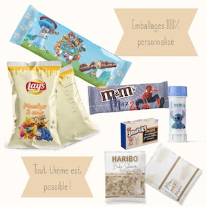 Peut inclure: Diverses créations personnalisées pour fêtes, comprenant une barre chocolatée Bueno sur le thème de Pat' Patrouille, des chips Lay's sur le thème de Winnie l'Ourson, et des M&M's sur le thème de Spider-Man. Autres articles : Smarties, Haribo et bulles.
