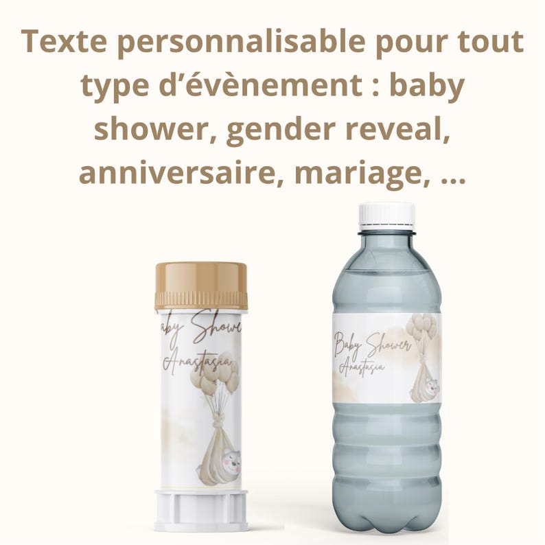 May include: A clear water bottle and a bubble wand with custom labels for a baby shower. The labels feature a watercolor design with a baby in a sling, balloons, and the text "Baby Shower Anastasia". The bubble wand has a tan cap.