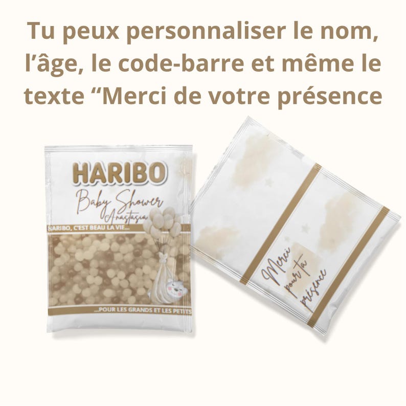 May include: Two small, white Haribo candy bags. One bag features the text "HARIBO Baby Shower" and "Merci de votre pr&eacute;sence". The other bag has a design of balloons and a baby. The bags are on a light background.