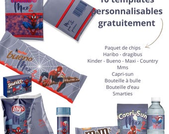 Pack of 10 Spiderman Birthday Templates – Customizable Labels for Kinder, M&M's, Chips, Bottles, Capri-Sun and more
