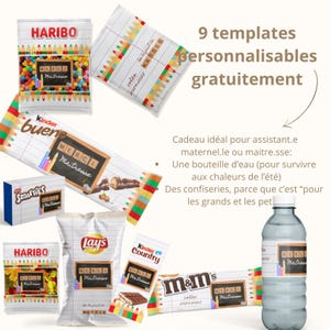 Op de afbeelding: Een assortiment verpakte snoepjes en een waterfles, elk met een label met de tekst "MERCI Maitresse". De afbeelding toont Haribo, Kinder Bueno, Smarties, Lay's, Kinder Country en M&M's producten, met een potlood-thema.
