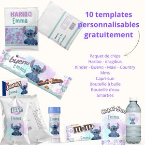 Peut inclure: Plusieurs emballages de collations personnalisés avec un personnage de dessin animé bleu. On retrouve des bonbons Haribo, des barres chocolatées Kinder Bueno, et des chips Lay's. Le nom "Emma" est imprimé sur chaque article.