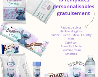 Pack of 10 Stitch templates - Kinder, M&M's, Capri-Sun, Smarties, Chips packaging - Printable birthday - pastel - birthday