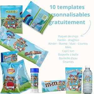 10 modelli stampabili Kinder Bueno, Maxi, Country, M&M's, Smarties, Caprisun, Bubble Bottle - Tema Paw Patrol - Canva personalizzabile