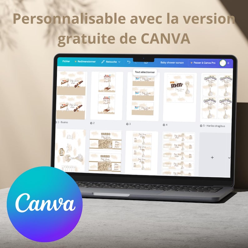 May include: A laptop displaying a Canva design interface with various baby shower-themed templates. The screen shows multiple layouts with text and graphics. The Canva logo is prominently displayed in a blue and purple circle.