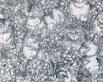 Blue grey white cotton flannel cat toile fabric remnant for quilts & crafts