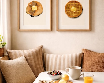 Aquarell Pfannkuchen & Waffel Print Set | Gemütliches Frühstück Wand Kunst | Küche Dekor | Neutrale Lebensmittel Illustration | Landhausküche Kunst