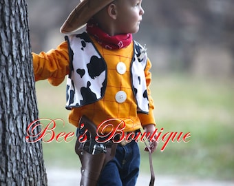 Cowboy inspired Woody costume - cow vest, bandana and gold sheriff star