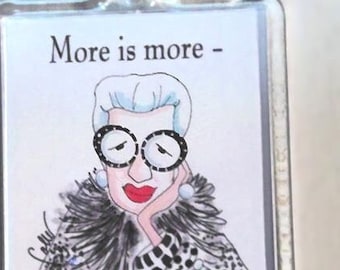 New & Improved Iris Apfel inspired key ring, Iris Apfel accessory for keys, Iris Apfel illustrated key chain