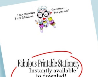 Printable Iris Apfel Accessorizes inspired stationary, downloadable Iris Apfel Art, Printable Fashion Stationery, Fabulous Stationery