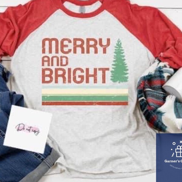 Merry and Bright Retro Holiday Shirt | 3/4 Sleeve Raglan Top | Screen Printed Graphic Tee | Unisex Baseball Style Shirt |